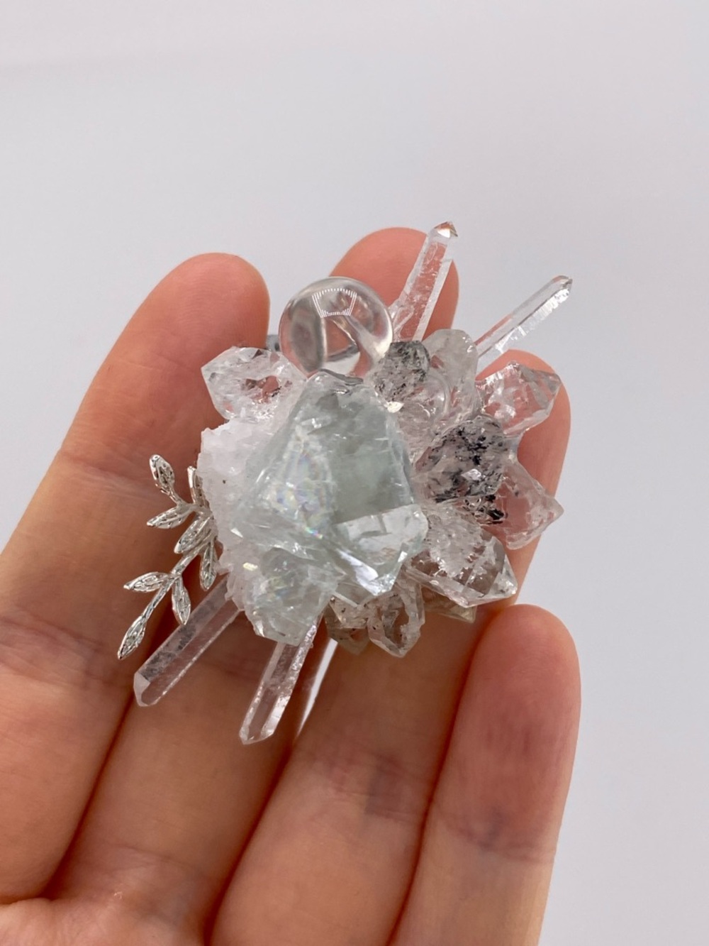 Fluorite & Clear Quartz Sphere Ring with Herkimer Diamonds | Raw Crystal Cluster